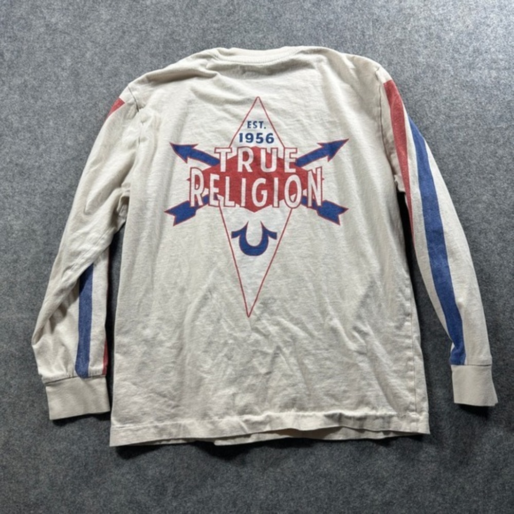 True Religion Long Sleeve T-Shirt Kids M World Tour Graphic Racing Stripe Spots